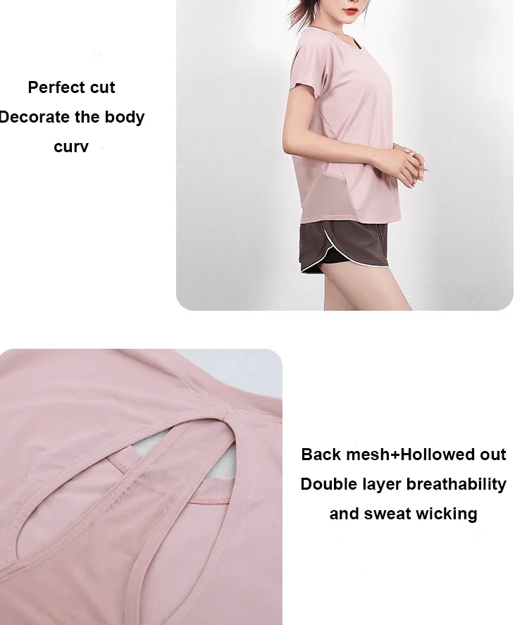 Short Sleeves Mesh Loose Yoga T-Shirt with Beautifull Back - SF1432