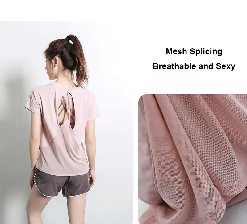 Short Sleeves Mesh Loose Yoga T-Shirt with Beautifull Back - SF1432