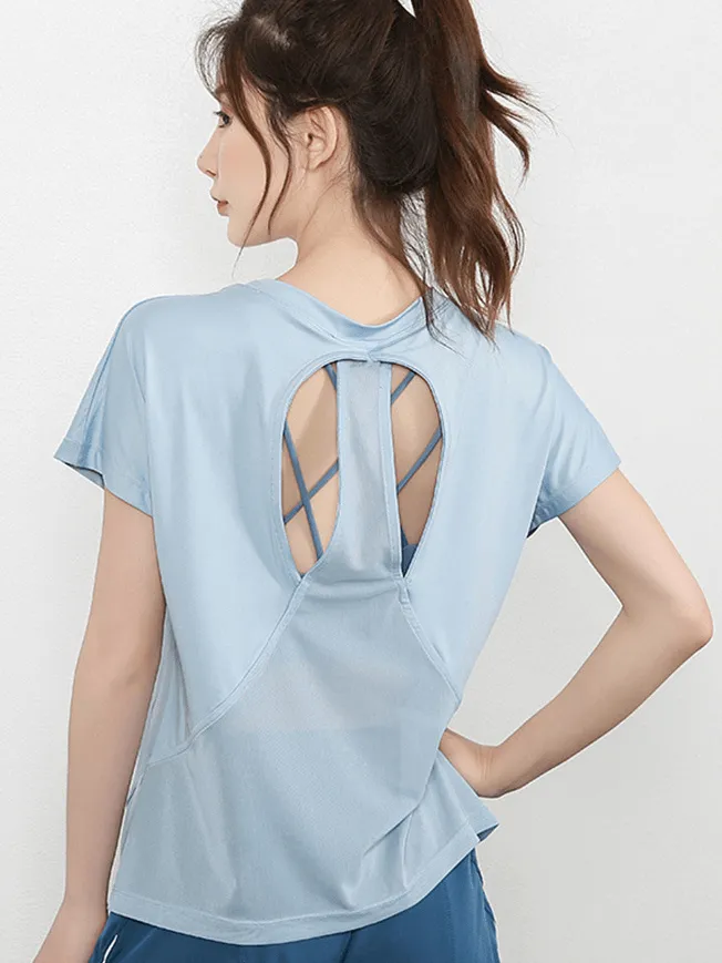 Short Sleeves Mesh Loose Yoga T-Shirt with Beautifull Back - SF1432