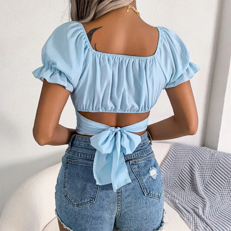 Spring Women Solid Color Square Neck Puff Sleeve Lace Up Blouse