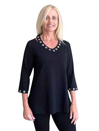 Tia Designs Diamond Bezel, Silver Grommets, 3/4 Sleeve, Cold Shoulder Tunic Top