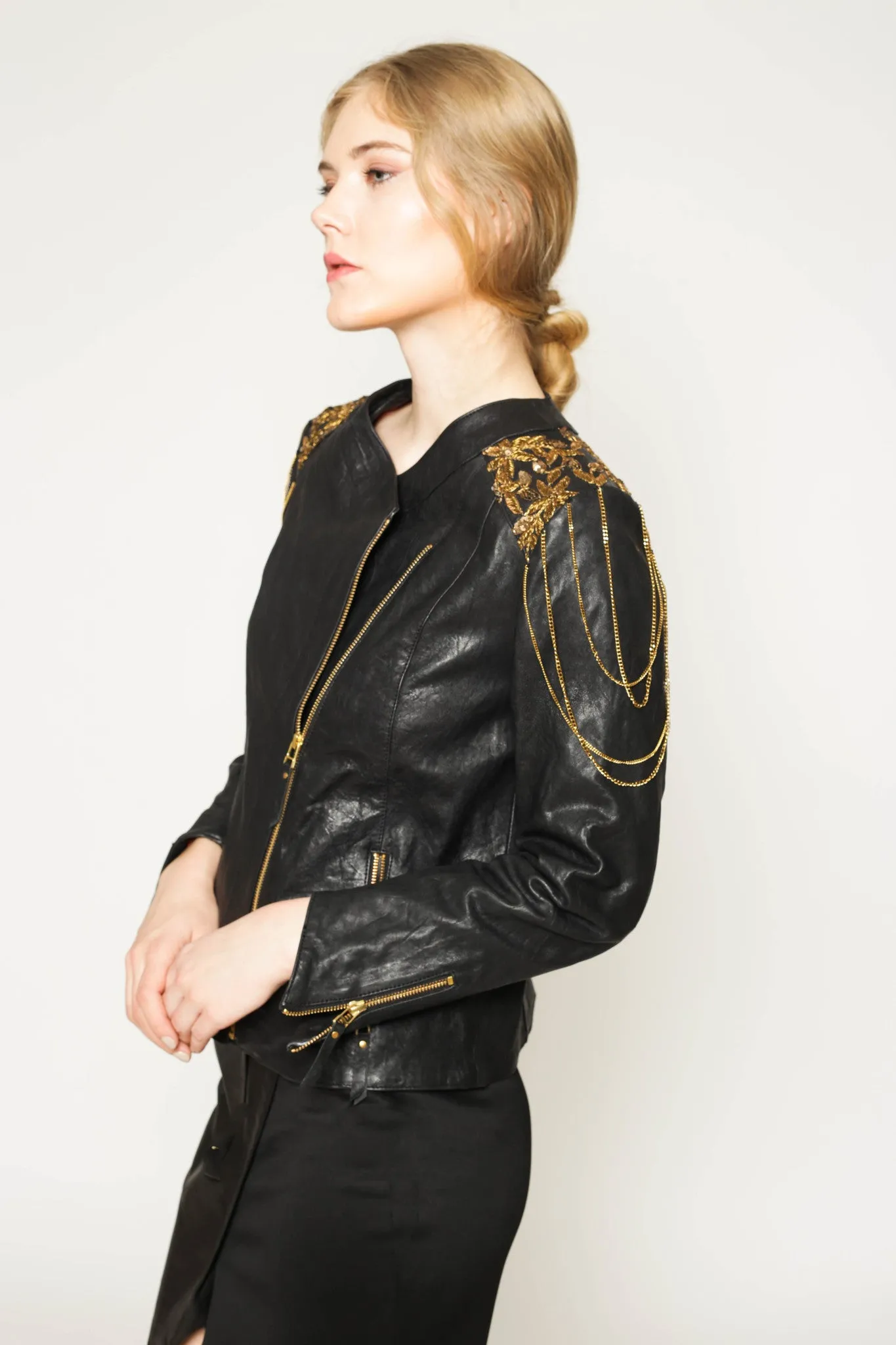 Vegetable dyed, shoulder embellished leather jacket