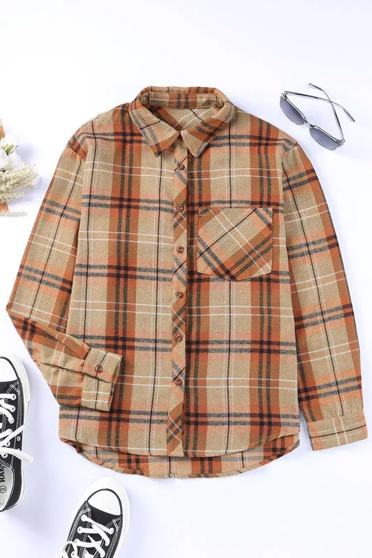 Women Plaid Pocket Buttoned Long Sleeve Shirt