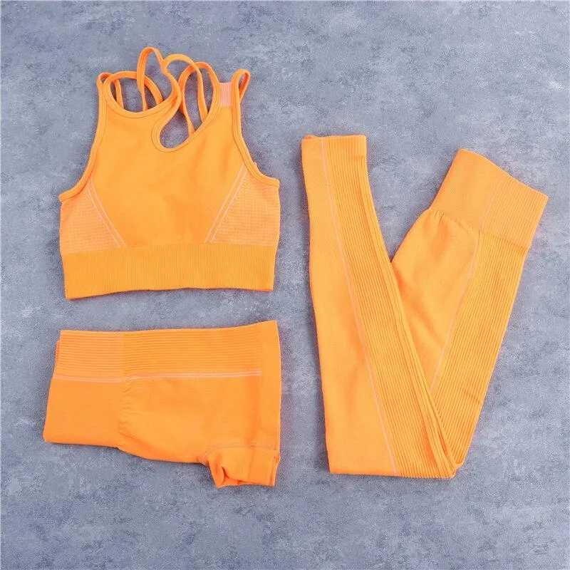 Yoga Set Crop Top Bra Shorts Leggings Workout Outfit Active Fitness Gym Wear